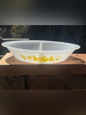 1950’s Glasbake Milk Glass Baking Dish with “Fruit Bounty” Design